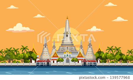 Sunset View of Wat Arun Temple in Bangkok Thailand Vector Illustration Sunset View of Wat Arun Temple in Bangkok Thailand Vector Illustration 139577968