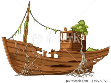 Old Wooden Shipwreck Overgrown With Trees And Roots Old Wooden Shipwreck Overgrown With Trees And Roots 139577972