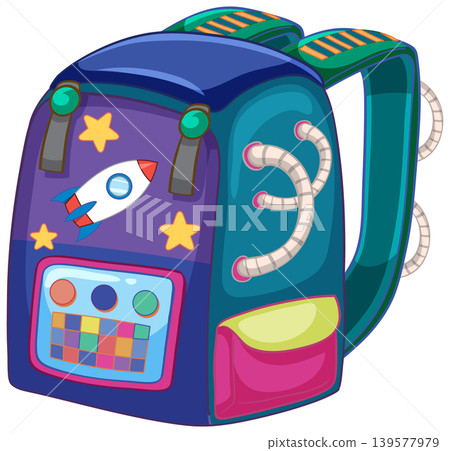 Colorful Space Themed School Backpack with Rocket and Star Patterns 139577979