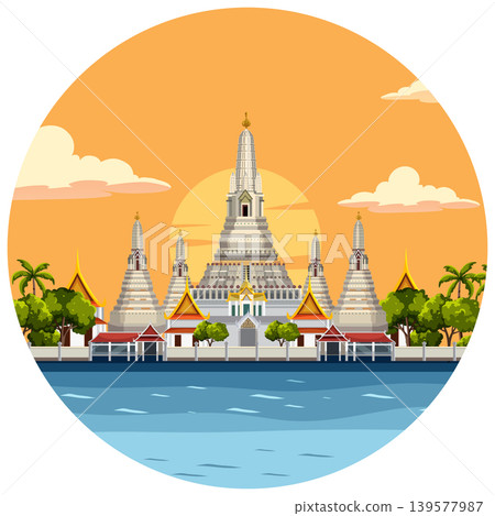 Vector Illustration of Wat Arun Temple in Bangkok Thailand During Sunset Vector Illustration of Wat Arun Temple in Bangkok Thailand During Sunset 139577987