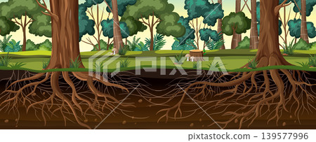 Educational Diagram of Tree Roots and Forest Ecosystem in Cross Section View Educational Diagram of Tree Roots and Forest Ecosystem in Cross Section View 139577996