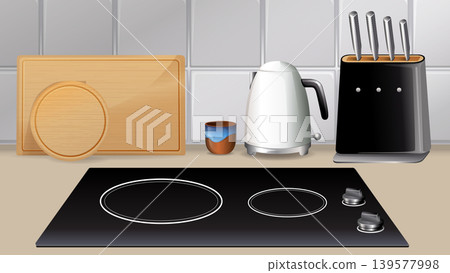 Modern Kitchen Countertop with Electric Hotplate and Appliances 139577998