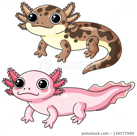 Cute Pink and Brown Axolotl Cartoon Vector Illustration Set Cute Pink and Brown Axolotl Cartoon Vector Illustration Set 139577999