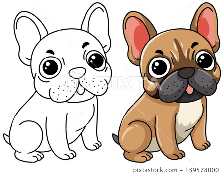 Cute French Bulldog Cartoon Illustration in Color and Line Art Cute French Bulldog Cartoon Illustration in Color and Line Art 139578000