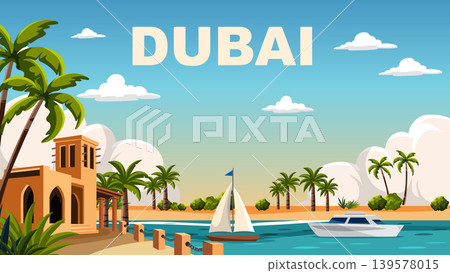 Flat Vector Illustration of Dubai Waterfront with Palm Trees and Boats Flat Vector Illustration of Dubai Waterfront with Palm Trees and Boats 139578015