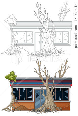 Abandoned Storefront Overgrown With Leafless Trees Vector Illustration Abandoned Storefront Overgrown With Leafless Trees Vector Illustration 139578018