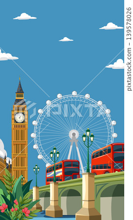 Vertical Vector Illustration of London Landmarks with Big Ben and Red Buses Vertical Vector Illustration of London Landmarks with Big Ben and Red Buses 139578026