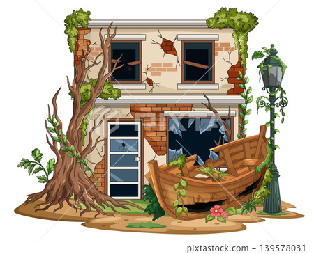 Abandoned Brick Building with Overgrown Vegetation and Broken Boat Abandoned Brick Building with Overgrown Vegetation and Broken Boat 139578031