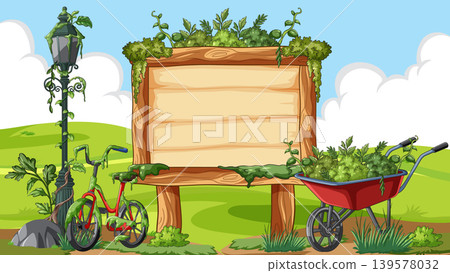 Overgrown Wooden Signboard with Bicycle and Wheelbarrow Overgrown Wooden Signboard with Bicycle and Wheelbarrow 139578032