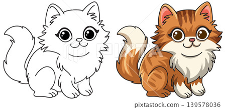 Cute Cartoon Cat Illustration with Line Art and Colored Version Cute Cartoon Cat Illustration with Line Art and Colored Version 139578036
