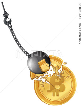 Wrecking Ball Smashing Cryptocurrency Coin Illustration Wrecking Ball Smashing Cryptocurrency Coin Illustration 139578038
