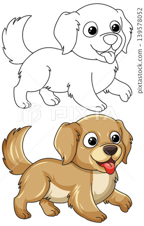 Cute Golden Retriever Puppy Cartoon Illustration and Line Art Set Cute Golden Retriever Puppy Cartoon Illustration and Line Art Set 139578052