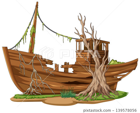 Old Abandoned Wooden Boat with Dead Tree Illustration Old Abandoned Wooden Boat with Dead Tree Illustration 139578056