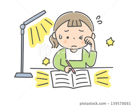 A child finds the light and white paper of their study to be too bright. 139578081