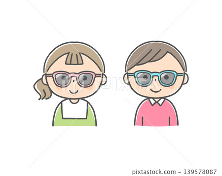一幅插圖,描繪了一個男孩和一個女孩戴著太陽眼鏡,以保護自己免受強光照射。 一幅插圖,描繪了一個男孩和一個女孩戴著太陽眼鏡,以保護自己免受強光照射。 139578087