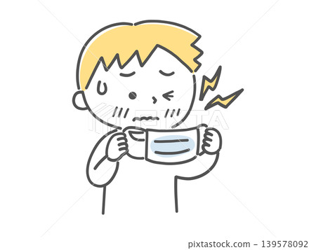 A boy who finds the irritation from wearing a mask unpleasant (single color) A boy who finds the irritation from wearing a mask unpleasant (single color) 139578092