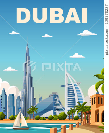 Flat Vector Illustration of Dubai Skyline with Burj Khalifa and Beach Flat Vector Illustration of Dubai Skyline with Burj Khalifa and Beach 139578227