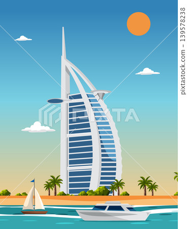 Modern Luxury Hotel Skyscraper on Tropical Beach with Boats and Sun Modern Luxury Hotel Skyscraper on Tropical Beach with Boats and Sun 139578238