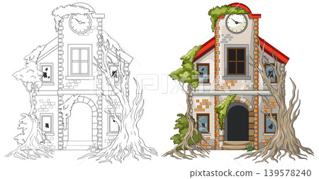 Abandoned Clock Tower House Overgrown With Tree Roots Abandoned Clock Tower House Overgrown With Tree Roots 139578240