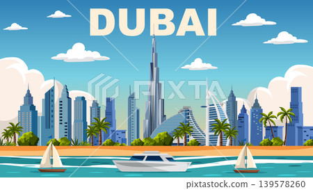 Modern Dubai Cityscape Illustration with Famous Landmarks and Coastal Beach Scene Modern Dubai Cityscape Illustration with Famous Landmarks and Coastal Beach Scene 139578260