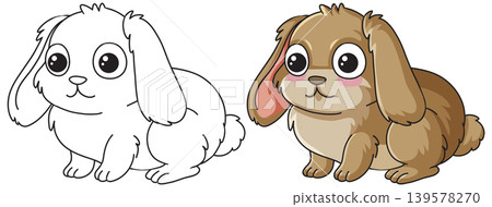 Cute Cartoon Rabbit Coloring Page and Colored Vector Illustration Set 139578270