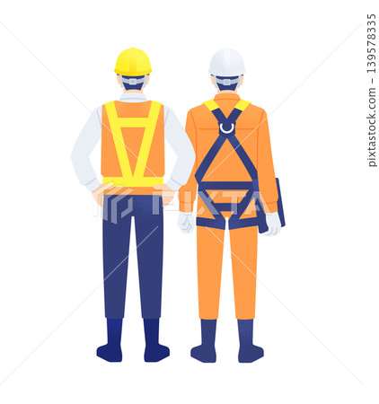 兩名男子在建築工地工作，身穿反光背心和全套安全帶，圖中描繪了他們的背影。 139578335