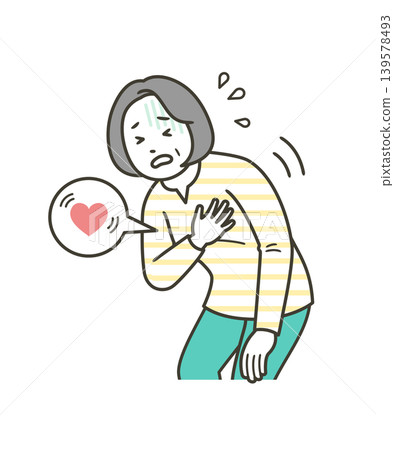 An illustration of the upper body of a middle-aged woman clutching her chest in distress due to palpitations. An illustration of the upper body of a middle-aged woman clutching her chest in distress due to palpitations. 139578493