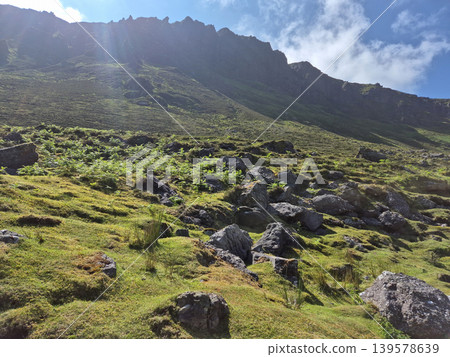 Rocky Mountain Slope Under Bright Blue Sky Rocky Mountain Slope Under Bright Blue Sky 139578639
