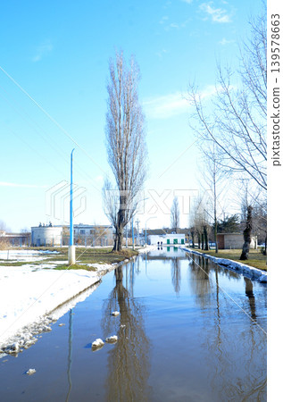 Winter canal with reflections and bare trees Winter canal with reflections and bare trees 139578663
