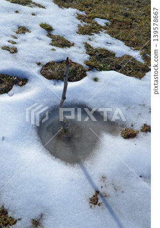 Melting Snow on Grass with Small Frozen Puddle Melting Snow on Grass with Small Frozen Puddle 139578667