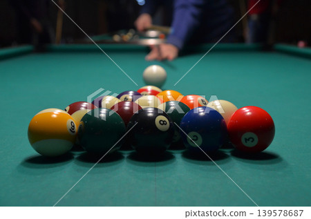 Rack of billiard balls on pool table Rack of billiard balls on pool table 139578687