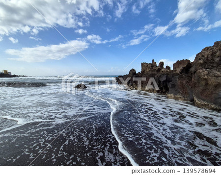 Waves Washing Against Rocky Ocean Shore Waves Washing Against Rocky Ocean Shore 139578694