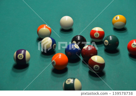 Scattered billiard balls on a green pool table Scattered billiard balls on a green pool table 139578738