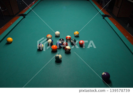 Billiard balls scattered on a pool table Billiard balls scattered on a pool table 139578739