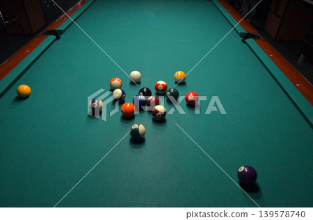 Billiard balls scattered on a pool table Billiard balls scattered on a pool table 139578740
