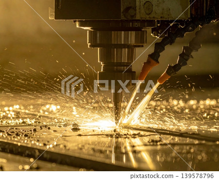 CNC milling machine processing on steel with cooling,industrial metal CNC milling machine processing on steel with cooling,industrial metal 139578796