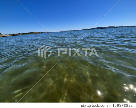 Clear coastal water with distant shoreline and blue sky Clear coastal water with distant shoreline and blue sky 139578852