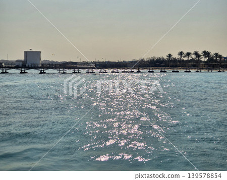 Sunlit calm sea with distant pier and palms 139578854