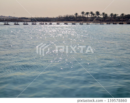 Sunlit calm sea with pier and palm shoreline Sunlit calm sea with pier and palm shoreline 139578860