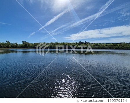 Serene lake landscape under bright blue sky Serene lake landscape under bright blue sky 139579154