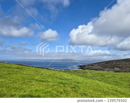 Green coastal meadow under dramatic cloudy sky Green coastal meadow under dramatic cloudy sky 139579302