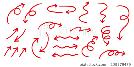 Hand-drawn pen-style arrow template set, vector illustration, red. Hand-drawn pen-style arrow template set, vector illustration, red. 139579479