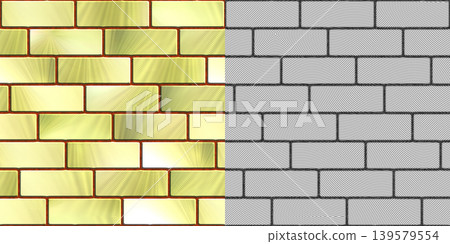 Seamless pattern of stacked gold brick wall. Metallic texture via an alpha channel. Seamless pattern of stacked gold brick wall. Metallic texture via an alpha channel. 139579554