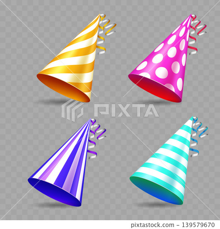 Realistic Colorful Birthday Party Hat Set. Vector Realistic Colorful Birthday Party Hat Set. Vector 139579670