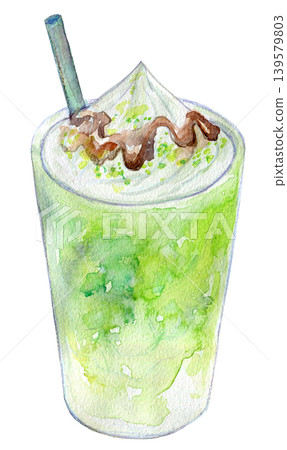 Watercolor illustration, analog illustration, iced matcha latte Watercolor illustration, analog illustration, iced matcha latte 139579803