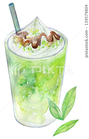 Watercolor illustration, analog illustration, iced matcha latte 139579804