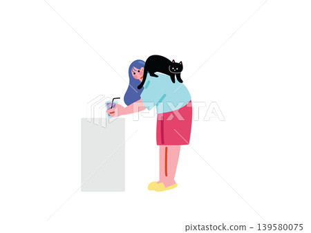 一幅描繪與貓共同生活的女性的插圖 139580075