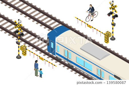 Isometric illustration: A person waiting at a railroad crossing where a train is passing. Isometric illustration: A person waiting at a railroad crossing where a train is passing. 139580087