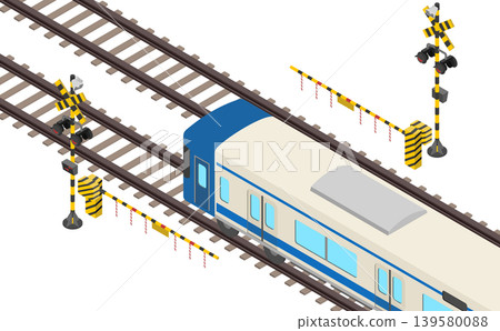 等距圖:火車通過的鐵路道口。 等距圖:火車通過的鐵路道口。 139580088