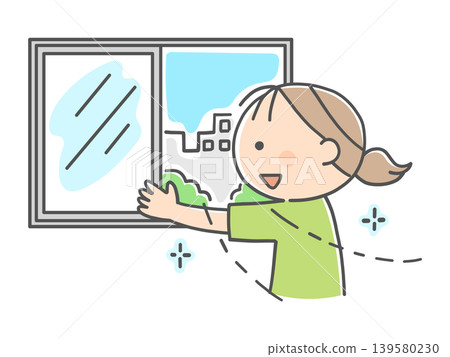 An illustration of a girl opening a window for ventilation. An illustration of a girl opening a window for ventilation. 139580230